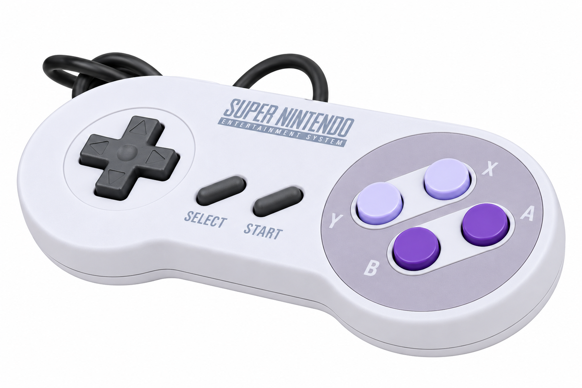 A white Super Nintendo Classic Edition controller with black cords, featuring purple and lavender buttons and gray controls, shown on a white background.