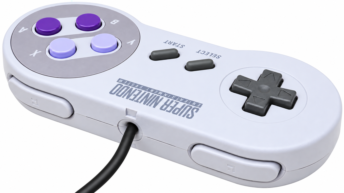 A white retro-style Super Nintendo 6-button controller with purple and lavender buttons, a gray D-pad, and a black wired connection, shown on a plain white background.