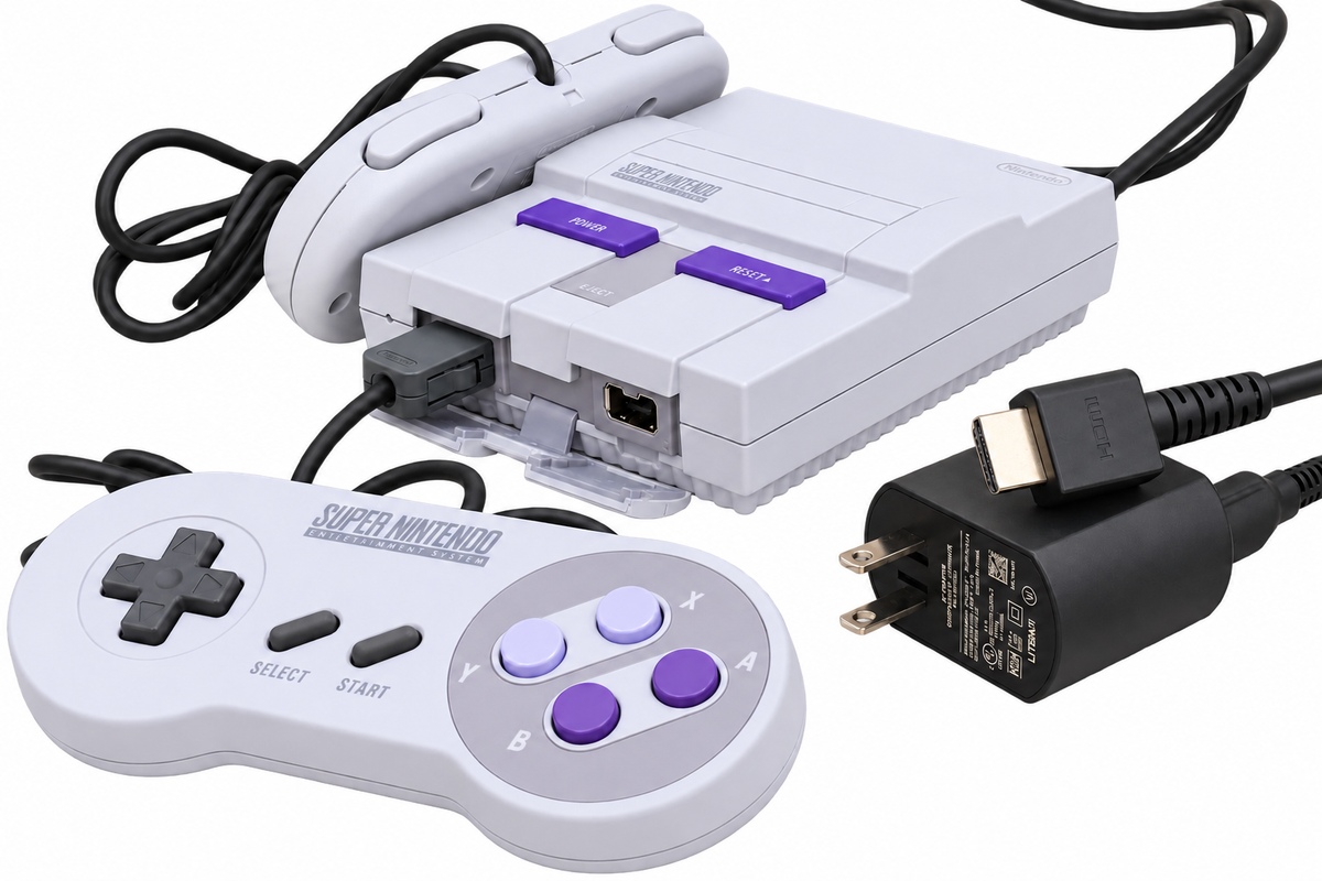 White Super Nintendo Classic Mini Console with two controllers, power adapter, and HDMI cable on a white background.