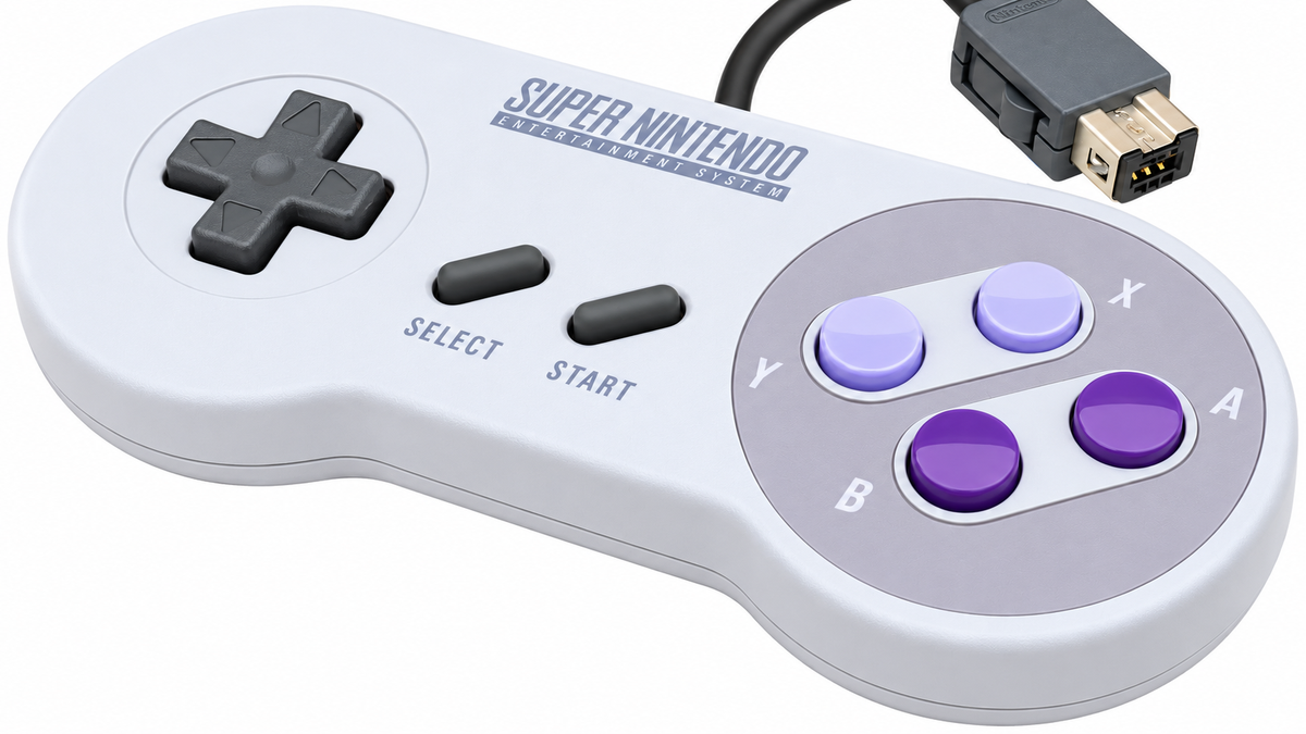 A white Super Nintendo Classic Mini Controller with a black cable and connector, featuring purple and lavender buttons on a clean white background.