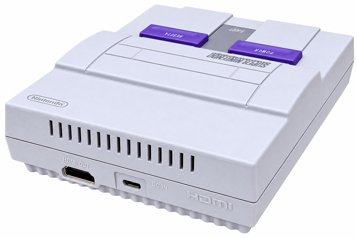 A white Nintendo Super Nintendo Entertainment System console with purple buttons and a gray logo panel, shown from a three-quarters angle on a white background.