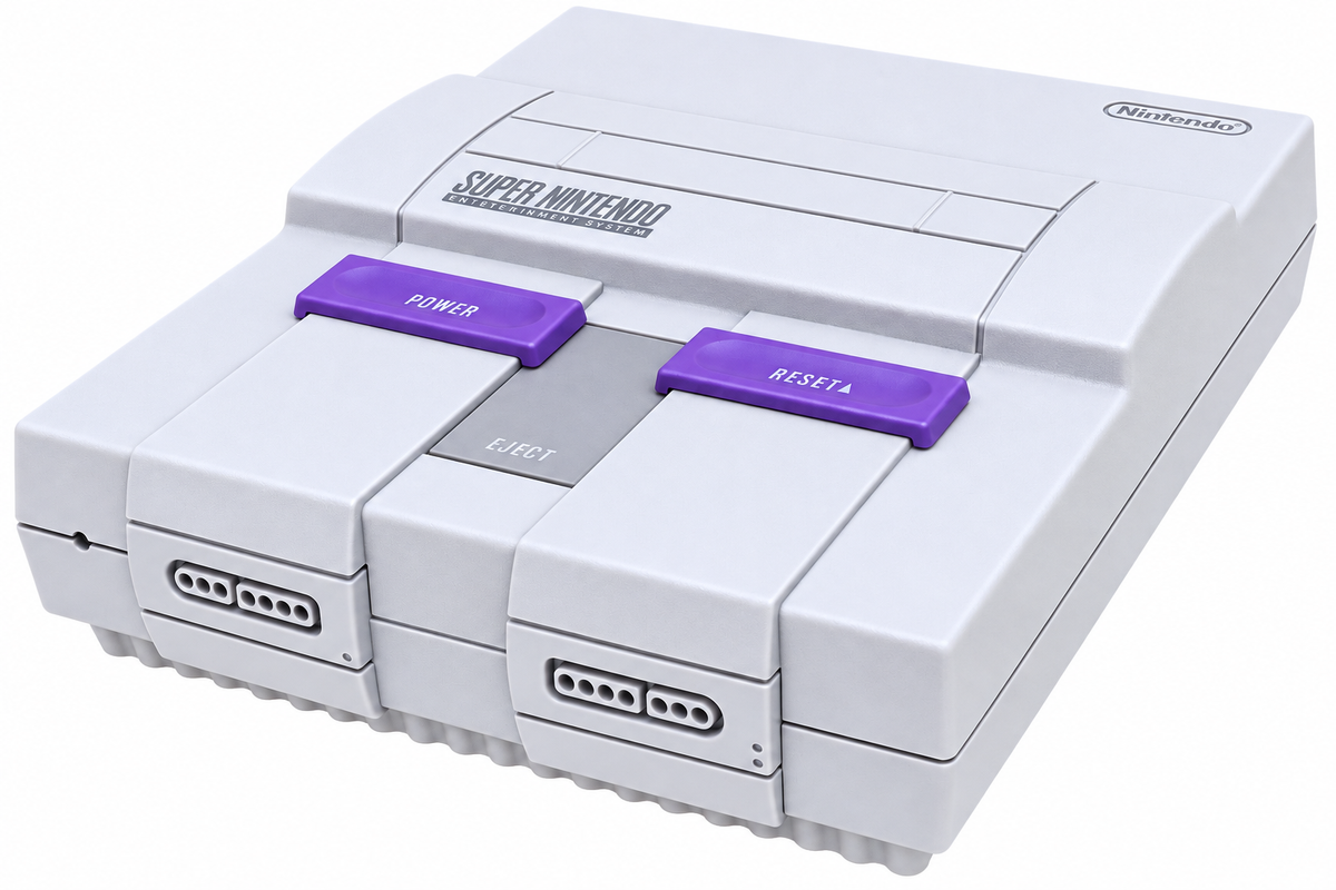 A white Super Nintendo Entertainment System console with purple power and reset buttons, shown on a plain white background.